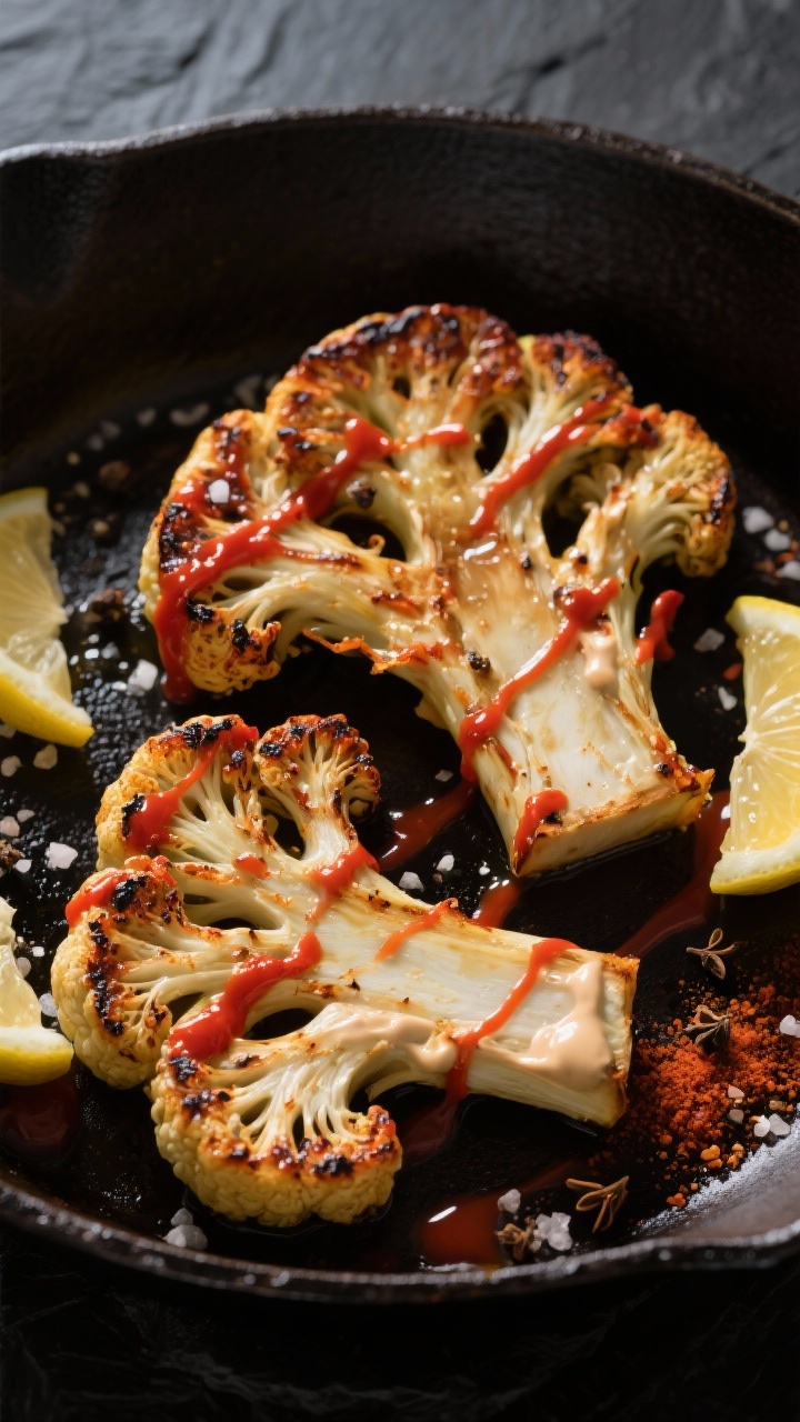 Easy Vegan Thanksgiving Mains That Impress Without Effort (and Win the Table) A close-up 45-degree action shot of harissa-roasted cauliflower steaks on a cast-iron skillet: thick-cut slabs from two large cauliflowers, seared and charred at the edges, brushed with a vivid red harissa paste mixed with olive oil, a hint of maple syrup, smoked paprika, and ground cumin. A creamy tahini-lemon drizzle threads across the tops, pooling slightly, with coarse salt and black pepper crystals visible. Garnished with lemon wedges and a pinch of cumin on a dark slate backdrop for contrast, emphasizing spice and caramelization.