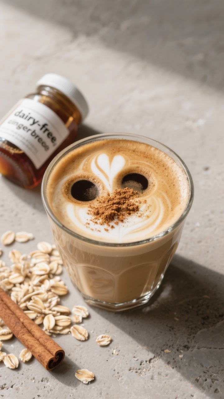 A close-up 45-degree shot of a Dairy-Free Gingerbread Oat Latte that’s creamy and dreamy: 2 shots (2 oz) espresso blending into velvety steamed oat milk, lightly frothed for a silky surface. Delicate latte art kissed with a sprinkle of ground ginger and cinnamon, hint of molasses sheen around the rim for warmth. Set on a matte stone surface with an oat scatter, a small jar of gingerbread syrup labeled “dairy-free,” and cozy neutral tones to emphasize the creamy texture.