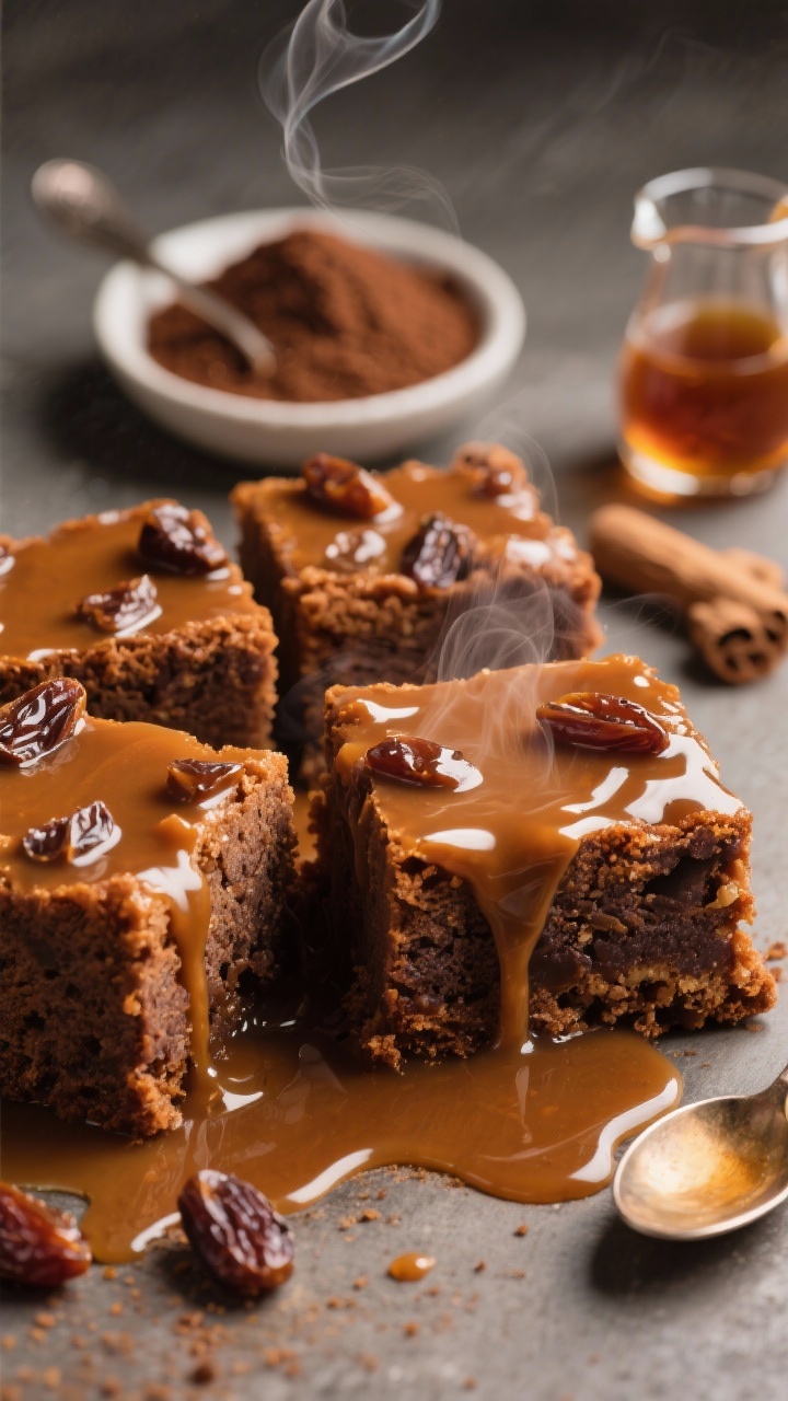A close-up dessert shot of gingerbread sticky toffee pudding squares drenched in glossy brandy caramel, sauce cascading down the sides. The crumb shows dark molasses richness with chopped dates flecked throughout; a faint wisp of steam rising. A small dish of dark brown sugar, a spoon with molasses, and a tiny pitcher of brandy caramel set nearby. Rich, warm tones, tight depth of field highlighting the sticky sheen, no people.