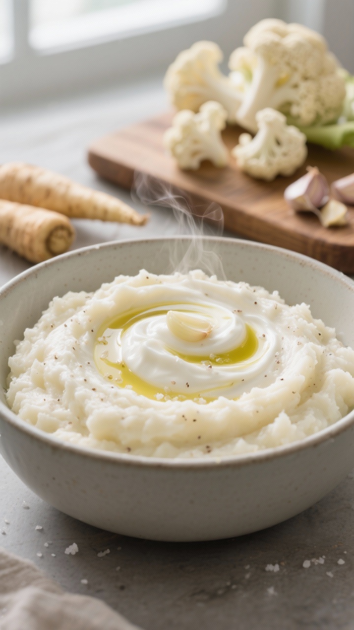 A close-up, straight-on bowl of ultra-smooth cauliflower–parsnip mash with a glossy garlic yogurt swirl marbled on top. Steam subtly rising. Creamy off-white tones with flecks of kosher salt; a drizzle of olive oil pooling in soft ridges. In the background, blurred hints of the raw florets, chopped parsnips, and smashed garlic on a wooden board to suggest the ingredients. Served in a matte ceramic bowl, clean modern styling, soft natural window light.