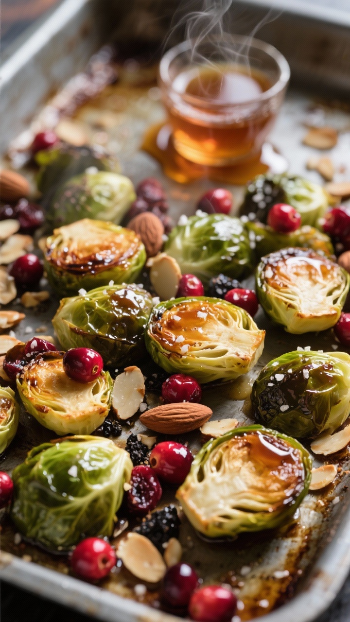 A close-up, straight-on roasting-pan scene of maple-roasted Brussels sprouts with cranberries and almond crunch. Halved Brussels sprouts caramelized at the edges, glazed with pure maple syrup and balsamic vinegar, speckled with kosher salt and black pepper. Ruby cranberries (fresh or lightly roasted) and toasted sliced almonds scattered over the top for contrast. Steam rising subtly, sticky lacquer visible on the sprouts, with a small glass of maple syrup and a drizzle trail on the pan for mouthwatering shine.