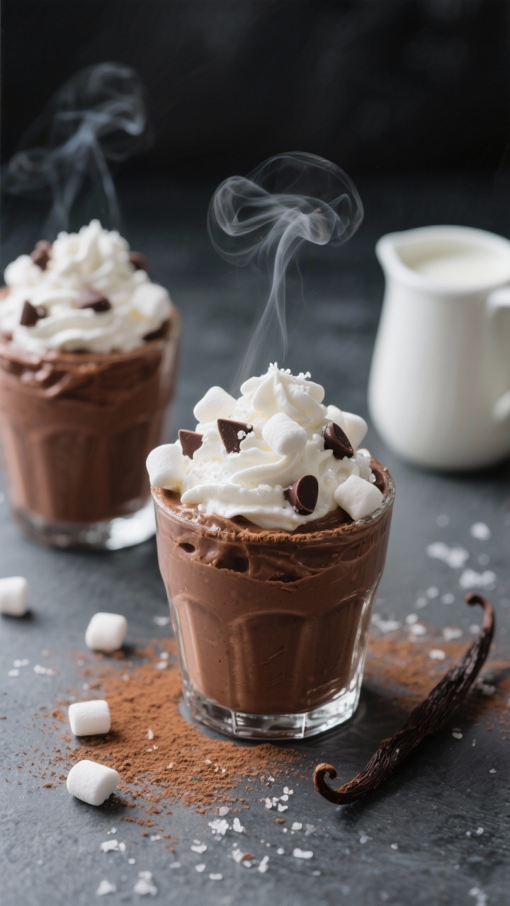 A cozy close-up, 45-degree angle shot of hot cocoa mousse cups in small glass tumblers: ultra-silky chocolate mousse made with semisweet chocolate chips and hot cocoa mix, topped with a cloud of whipped cream, a sprinkle of mini marshmallows, and a pinch of flaky salt. Soft steam-like wisps suggest warmth, with a dusting of cocoa on a matte slate surface. Include a small pitcher of heavy cream and a vanilla pod off to the side for context. Low, moody winter lighting, shallow depth of field highlighting creamy texture and rich chocolate sheen.