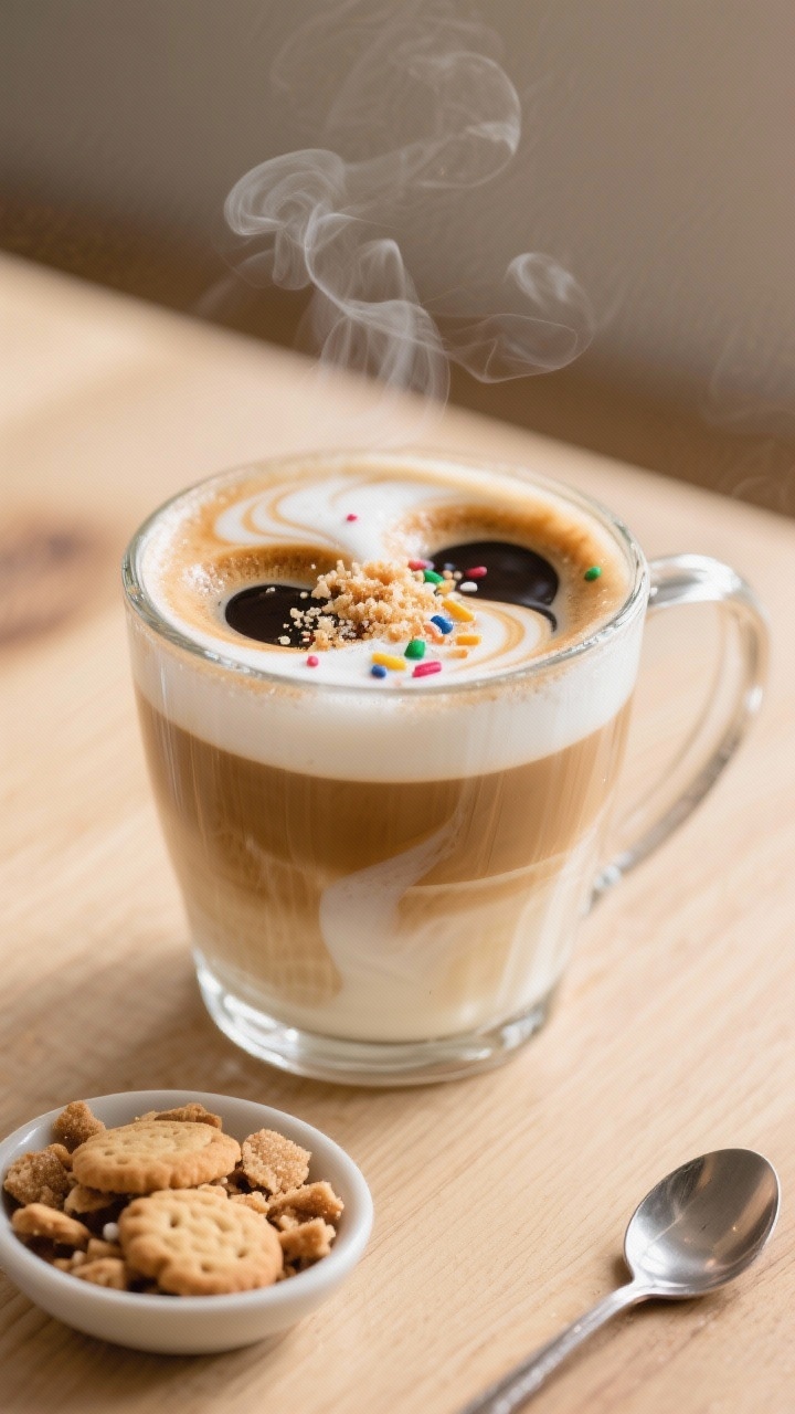 A cozy, steam-kissed close-up at a 45-degree angle of a Classic Sugar Cookie Latte in a clear glass mug: two shots of espresso swirled with 1 cup whole milk for extra creaminess, topped with a light foam cap and a dusting of sparkling sugar cookie crumbs and festive sprinkles; warm beige and caramel tones, soft morning light, set on a light wood surface with a small dish of sugar cookie bits and a demitasse spoon nearby, professional food styling, shallow depth of field to highlight the silky microfoam and espresso marbling.