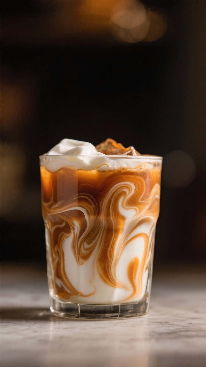 A cozy straight-on close-up of a Chai Pumpkin White Russian in a short tumbler, rich marbled swirls as 1 oz heavy cream and 1 oz whole milk cascade into