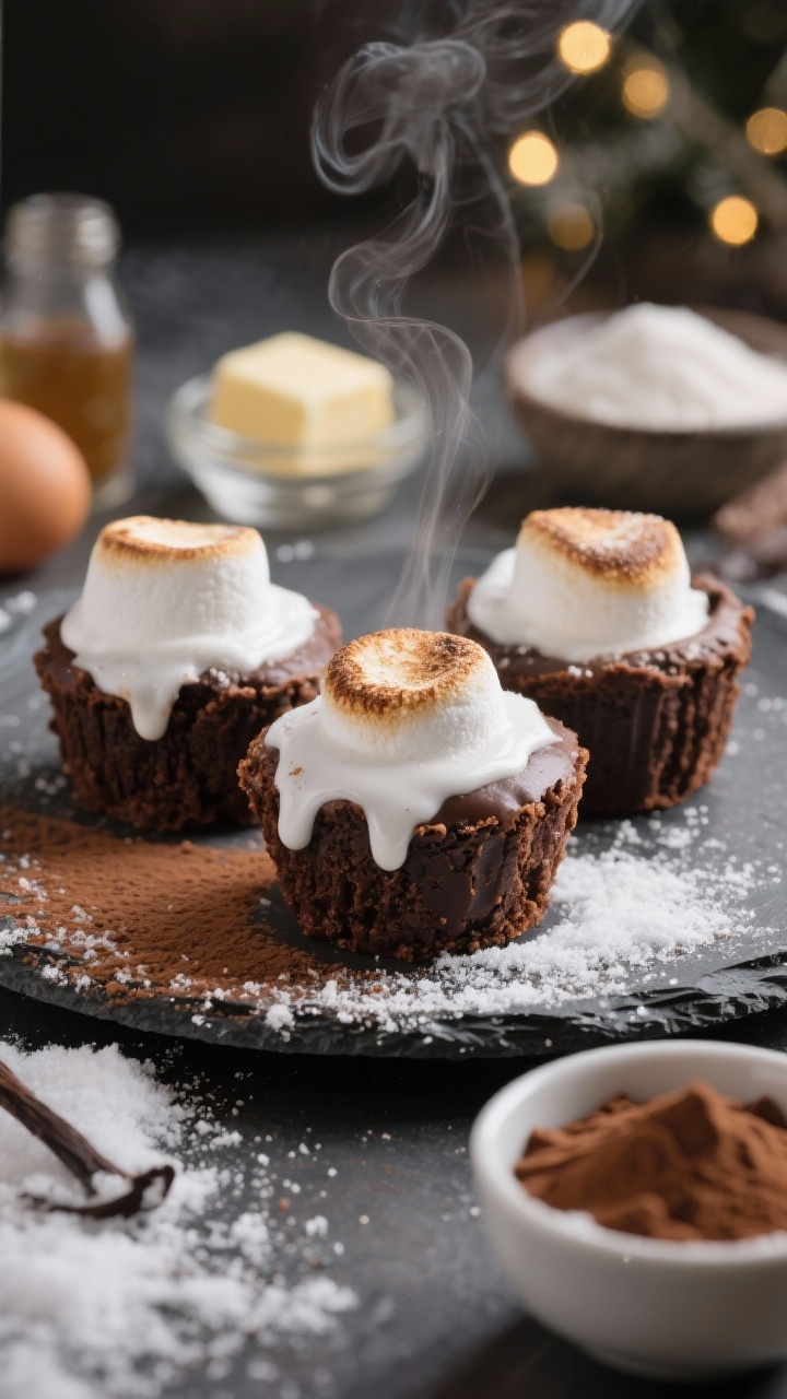 A cozy straight-on close-up of Hot Cocoa Brownie Cups with glossy marshmallow “snowcap” tops just starting to melt and toast, rich cocoa-crumb texture visible on the brownie edges, a dusting of unsweetened cocoa powder and a light snowfall of powdered sugar on a matte slate plate; include small bowls of ingredients in soft focus: unsalted butter pat, granulated sugar, vanilla extract, eggs, all-purpose flour, cocoa powder; warm, low-contrast winter lighting with a blurred twinkle-light background, steam subtly rising for a hot cocoa vibe.