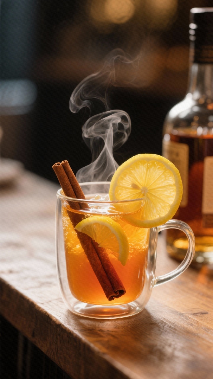A cozy straight-on image of a Hot Honey Citrus Toddy in a clear heatproof mug, steam curling up from hot water infused with lemon juice and hot honey, a cinnamon stick submerged and a lemon wheel resting on the rim; amber glow from the liquid, optional whiskey bottle softly blurred in the background, set on a wooden counter for a warm, comforting feel.
