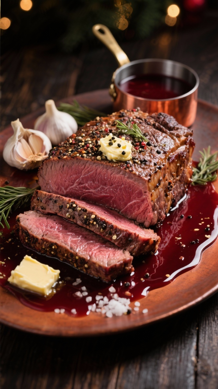 A dramatic 45-degree close-up of a herb-butter roast beef top sirloin, 6–7 lb, cooked medium-rare with a deep rosy center and peppered crust, sliced into thick slabs on a warm platter. Glossy red wine gravy cascades over the slices, flecked with finely grated garlic and black pepper, with pools collecting at the base. Visible swipes of softened unsalted butter melting into the meat, kosher salt crystals catching light. Styled with roasted garlic halves and a small copper saucepan of extra red wine gravy. Low, moody holiday lighting on a dark wood table for a luxe, centerpiece feel.