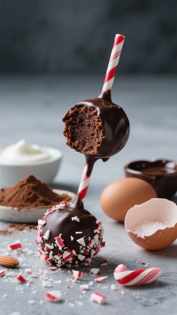 A dramatic 45-degree close-up of ultra-fudgy candy cane chocolate truffle cake pops, enrobed in dark chocolate and rolled in crushed peppermint candy canes. Show a bite-revealed pop to emphasize the dense cocoa crumb. Stage supporting ingredients nearby: super-fine almond flour, cocoa powder, baking powder, fine sea salt, plain Greek yogurt, and eggs, with a small bowl of melted dark chocolate for dipping. Cool-toned background, high contrast, shallow depth of field highlighting glossy chocolate sheen and red-white candy cane shards, minimal holiday props.