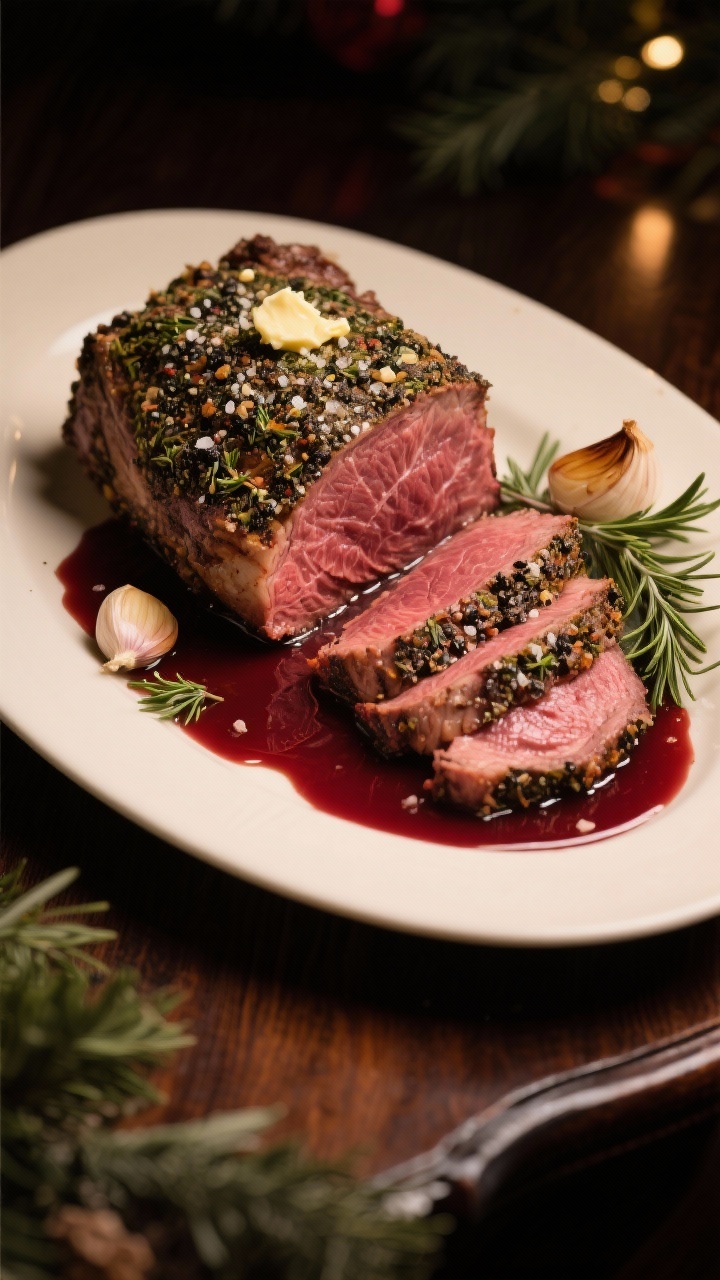 A dramatic 45-degree plated shot of herb-crusted prime rib sliced to reveal a juicy medium-rare blush, coarse kosher salt and freshly ground black pepper crust glistening with softened butter and minced garlic aromatics; a gleaming pool of red wine jus gathered at the base, served on a warm white platter with roasted garlic bulbs and sprigs of rosemary and thyme as garnish, set on a dark wood table for a festive, moody holiday vibe, shallow depth of field to emphasize the crust texture and marbling, no people, professional studio lighting with soft highlights on the jus.