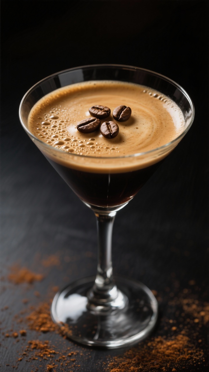 A dramatic close-up of a Chai-Spiced Espresso Martini in a chilled coupe glass, inky espresso shaken with vodka and coffee liqueur to a velvety crema, chai concentrate lending warm spice; three coffee beans centered on the foam, light catching micro-bubbles, dark backdrop with a subtle chai spice dusting on the surface.