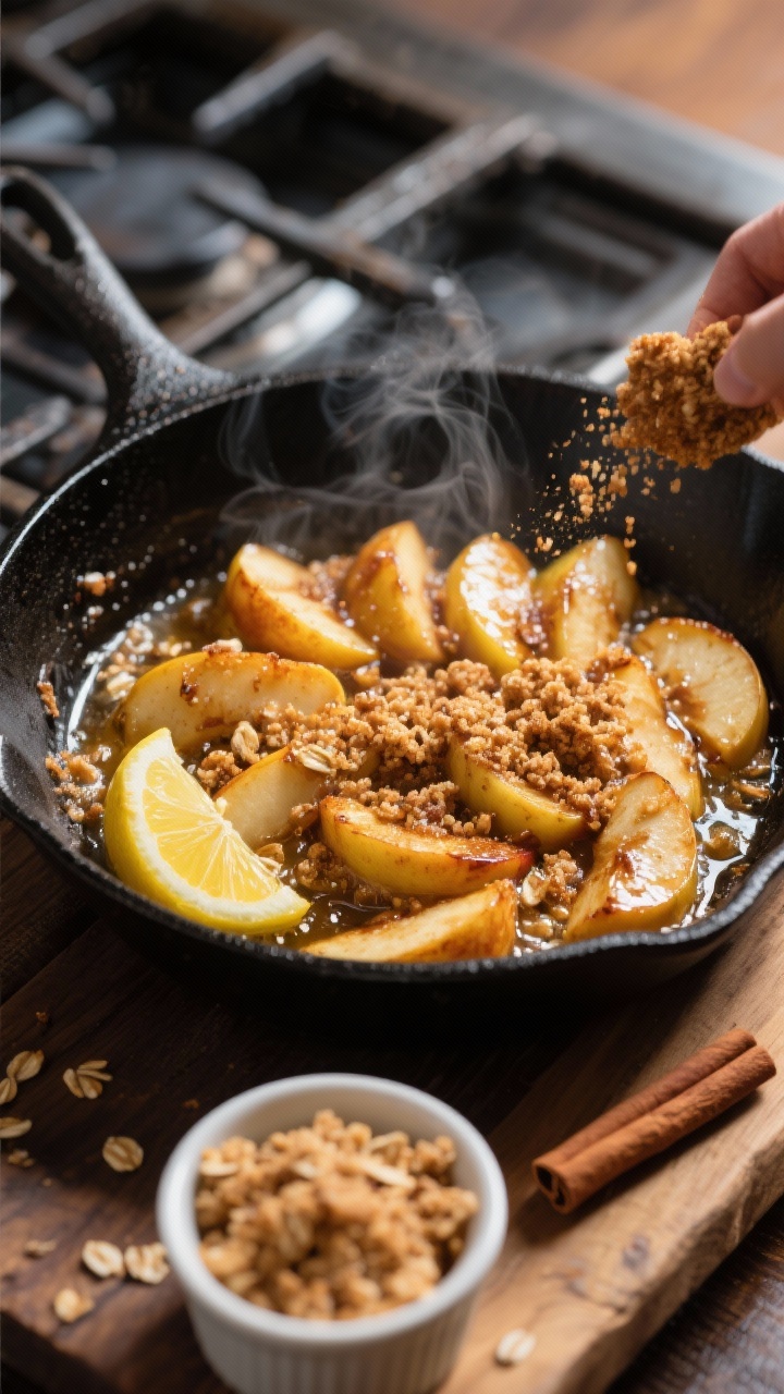 A dynamic 45-degree stovetop action shot of caramelized cinnamon apples with shortcut crumble topping: golden apple slices sizzling in butter in a black skillet, glossy with brown sugar, cinnamon, and a pinch of salt; a squeeze of lemon adds a bright glisten. A small ramekin of quick crumble (buttery brown sugar and oats-style look) being sprinkled over part of the pan for contrast. Warm, amber lighting highlighting caramelization and steam, with a rustic wooden board beneath and a cinnamon stick off to the side.