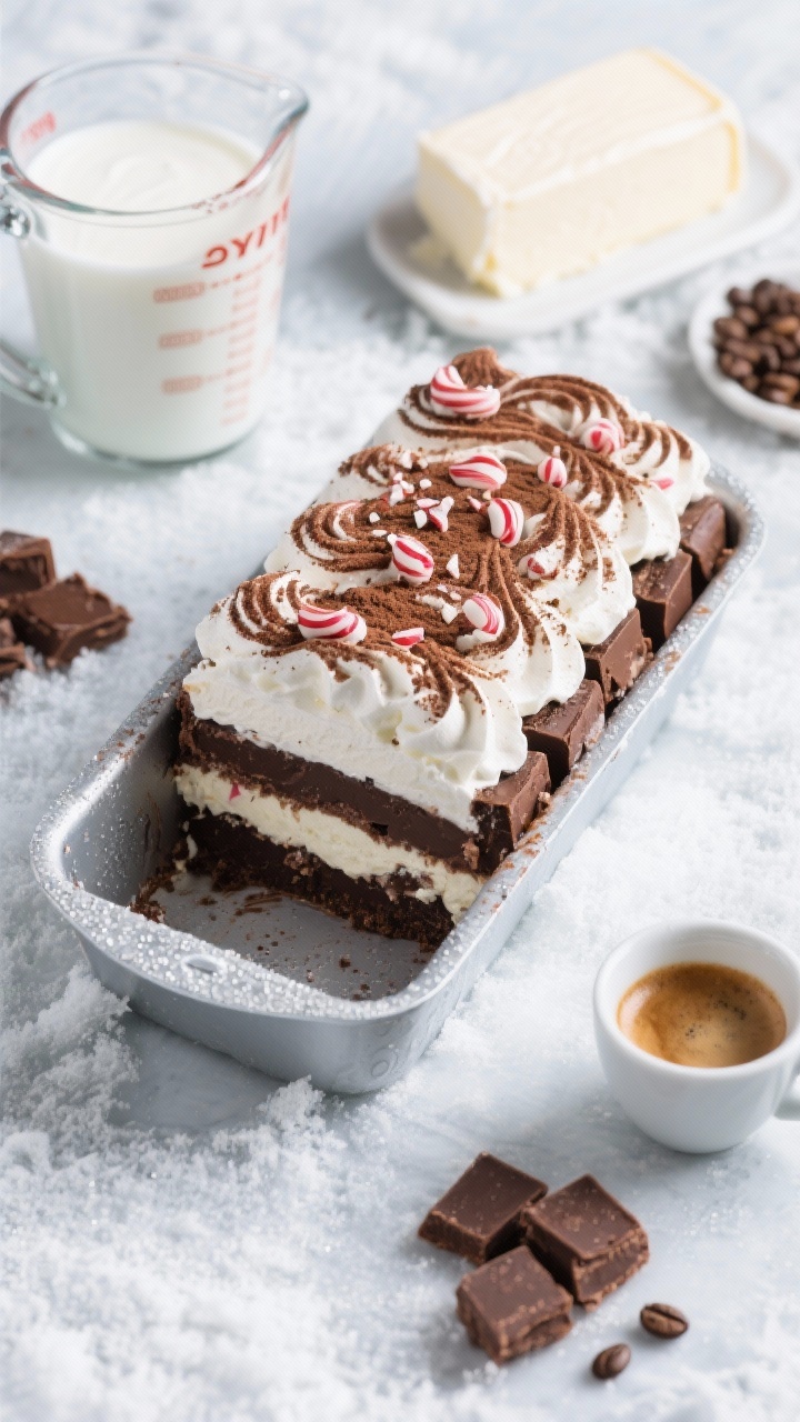 A frosty 45-degree angle shot of a no-bake peppermint mocha icebox brownie cake unmolded from a loaf pan: visible layers of brownie bite cubes, mascarpone-cream whipped filling, and faint coffee-cocoa ribbons, topped with softly whipped peaks, cocoa dusting, and a sprinkle of crushed peppermint. Surround with cold heavy cream in a measuring cup, a block of mascarpone/cream cheese, extra brownie cubes, and a small espresso cup with coffee beans. Cool, clean winter vibe with slight condensation hints to emphasize freezer-friendly nature, appetizing, creamy textures in sharp focus.