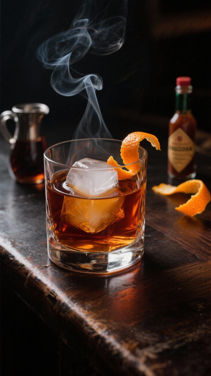 Fall Cocktails That’ll Make Your Evenings Feel Extra Cozy A moody 45-degree close-up of a Smoky Maple Old Fashioned in a heavy rocks glass with a single large clear ice cube, deep amber bourbon-mezcal hue, maple syrup sheen, two dashes Angostura and orange bitters visible as a light swirl, garnished with a thick orange twist expressed over the rim; subtle smoke curling in the background, set on a dark walnut bar with a small pitcher of grade A dark maple syrup, a bitters bottle, and an orange peel strip; low-key lighting with crisp highlights on the glass to emphasize texture and the smoky, autumn feel.