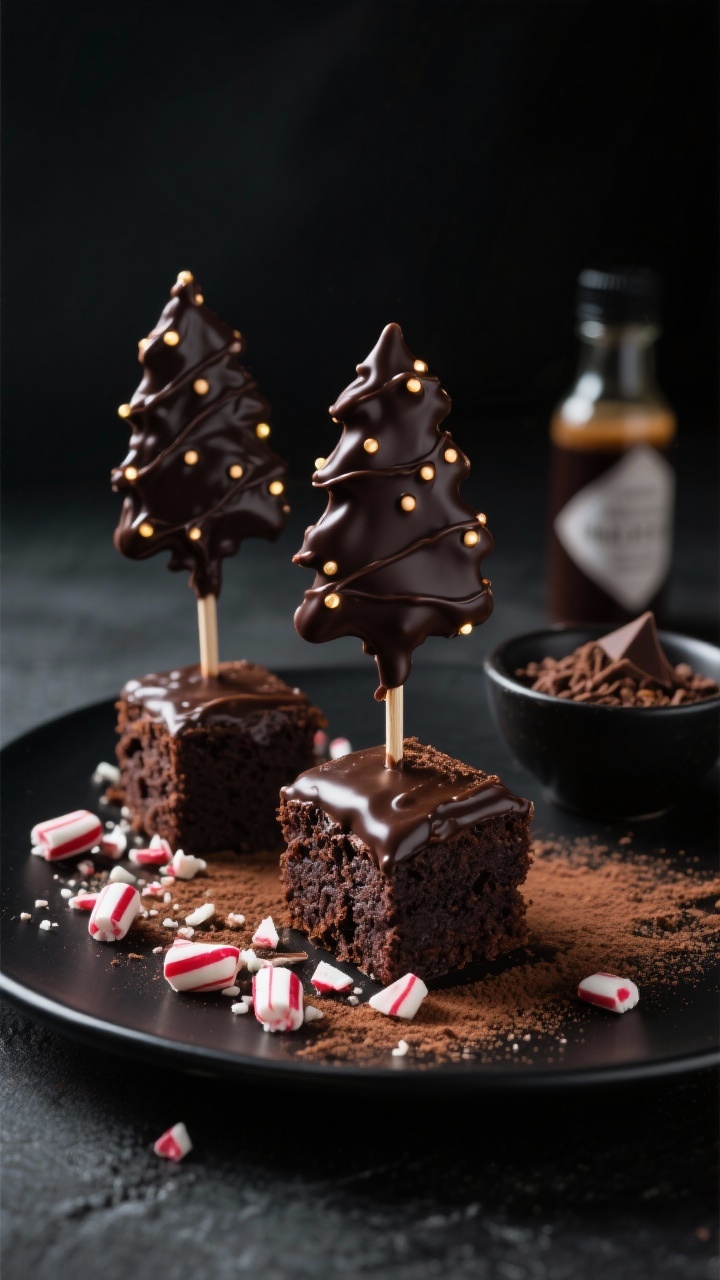 A moody, 45-degree plated presentation of Peppermint Mocha Tree Pops: dark chocolate cake blended with chocolate frosting, espresso powder, and peppermint extract shaped into trees, enrobed in smooth dark chocolate coating with tiny dots and drizzles mimicking twinkling lights; garnished with crushed peppermint candy shards and a light cocoa dusting on matte black plates; a small bowl of tempered dark chocolate, espresso granules, and peppermint extract bottle in soft focus; dramatic side lighting highlighting the glossy chocolate and deep cocoa tones.
