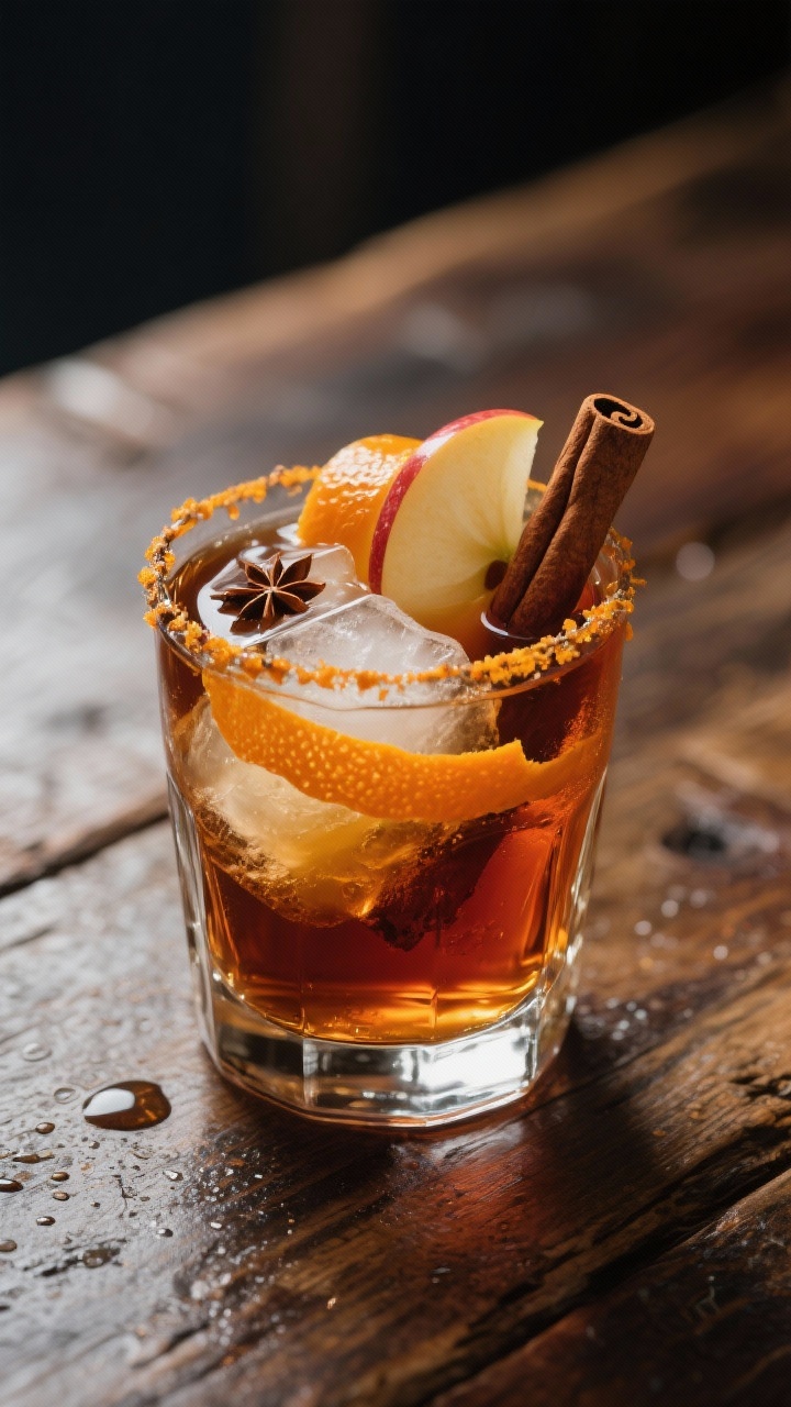 A moody 45-degree shot of a Maple Bourbon Cider Smash in a heavy rocks glass over large clear ice, deep amber bourbon mingling with fresh apple cider, a ribbon of orange peel expressed on the rim, two dashes of Angostura bitters visible as subtle swirls, with a cinnamon stick and thin apple slice garnish; warm fall tones, soft backlight highlighting maple syrup gloss, set on a rustic wooden table with a tiny puddle of condensation.
