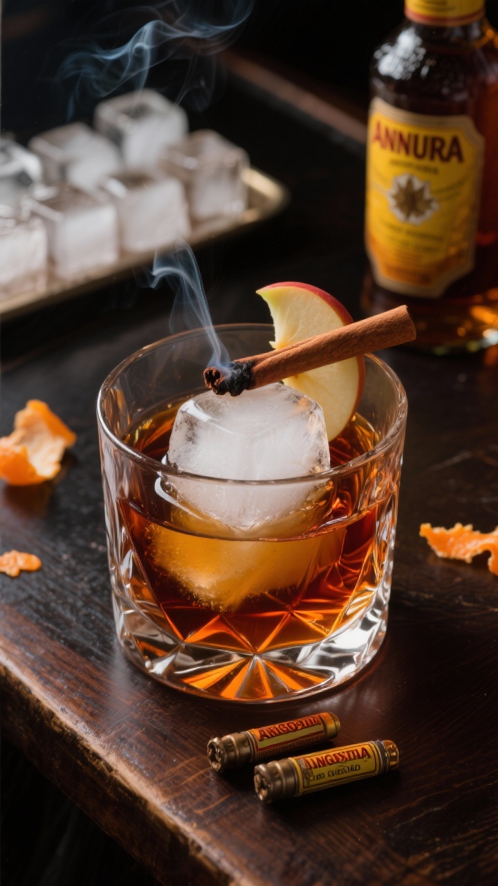 A moody close-up at 45 degrees of an Orchard Smoke Old Fashioned in a heavy rocks glass, showcasing a large, cloudy apple-cider ice cube slowly melting into 2 oz high-quality bourbon, with a glistening 1/4 oz dark amber maple syrup ribbon at the bottom; two dashes Angostura and one dash orange bitters visible as faint amber streaks; a smoldering cinnamon stick and a thin apple slice garnish resting on the rim to suggest smoke; set on a dark walnut bar with scattered orange peel, Angostura bottle, and a tray of apple-cider ice cubes in the background; selective focus on the faceted ice and maple sheen, cinematic side light, no people.