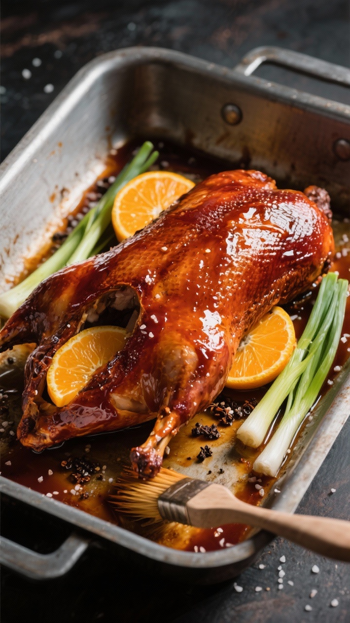 A process-focused 45-degree roasting-pan shot of sticky orange-glazed duck: a whole duck lacquered with a glossy five-spice orange glaze, skin rendered and deeply mahogany; orange quarters tucked in the cavity, scallions cut into 3-inch lengths nestled around, visible sprinkle of kosher salt and black pepper; caramelized glaze pooling on the pan, with a basting brush glazed and resting nearby; rich, cinematic lighting to emphasize crackling skin and sticky sheen.