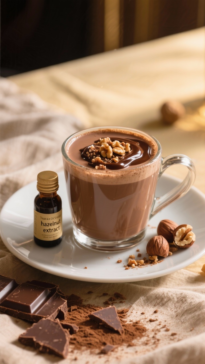 A refined plated scene at 45 degrees of Toasted Hazelnut Praline Hot Chocolate in a glass mug to highlight its velvety body from whole milk, heavy cream, milk chocolate and bittersweet chocolate blend. Top with glossy drizzle of hazelnut praline and a sprinkle of crushed toasted hazelnuts; include a tiny bottle labeled “hazelnut extract” nearby. Surround with chocolate shards, cocoa powder, and a warm linen. Golden-hour side light accentuates nutty sheen and chocolate layers; no people, tight composition.