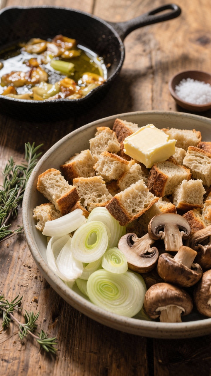 A rustic 45-degree ingredient-prep shot for simple sourdough stuffing with caramelized leeks and mushrooms. Day-old sourdough bread cubes in a large bowl, surrounded by thinly sliced leeks (white and light green parts), cremini mushrooms, and pats of unsalted butter ready to melt in a skillet shimmering with olive oil. Some leeks already turning golden in the pan to show caramelization. Warm, wood tabletop, thyme sprigs and a pinch bowl of salt nearby; soft side light emphasizing textures of crusty bread and glossy mushrooms.