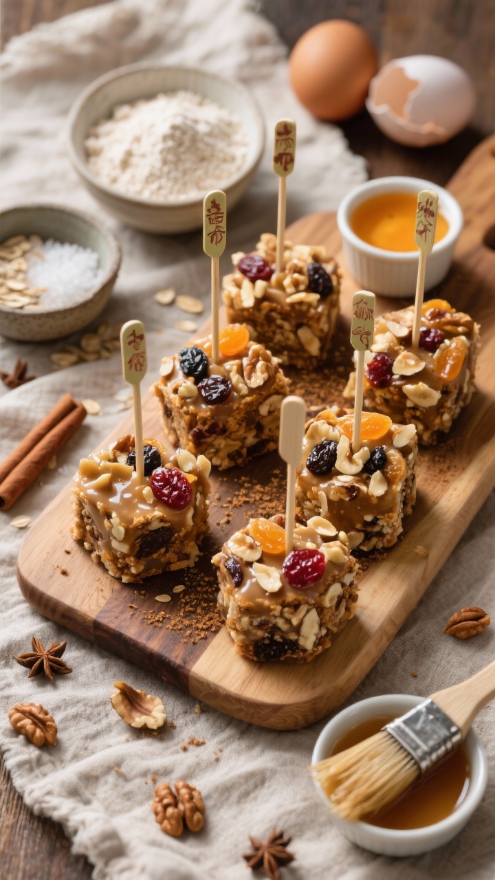 A rustic 45-degree shot of nutty “fruitcake” pops arranged on a wooden board, studded with chopped nuts and jewel-like dried fruit, lightly glazed for shine. Sprinkle of cinnamon and allspice on the board, with bowls of almond flour, gluten-free oat flour, coconut flour, baking powder, fine sea salt, cinnamon, allspice, and cracked eggs nearby. Include a small ramekin of warmed apricot glaze and a pastry brush to suggest finishing. Warm, inviting tones, textured linens, sharp detail on nutty crunch and fruit inclusions, no people.