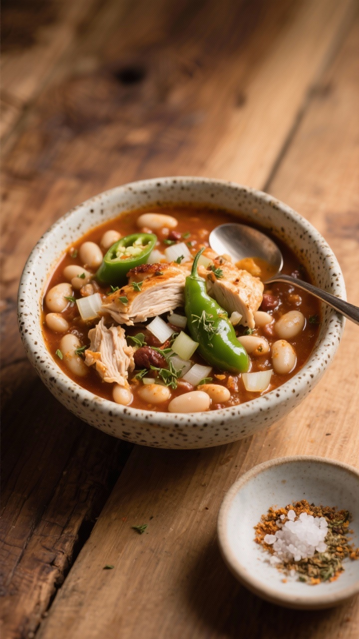 A straight-on cozy bowl shot of Hatch chile and white bean chili using rotisserie chicken: visible pieces of rotisserie chicken, tender white beans, diced onion, flecks of ground cumin, garlic powder, onion powder, and dried oregano; Hatch chile pieces adding soft green warmth, a light sprinkle of kosher salt crystals on a nearby pinch dish, served in a speckled stoneware bowl with a spoon resting on the rim, warm tungsten glow, wood tabletop, inviting comfort-food vibe