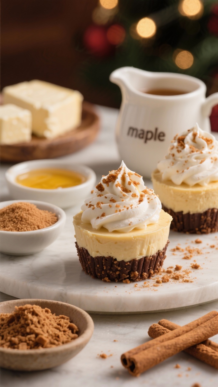 A straight-on dessert bar scene featuring Gingerbread Cheesecake Cups: individual cups with a dark gingersnap crumb crust, creamy cheesecake filling set with a silky finish, topped with a generous swirl of maple whipped cream and a light dusting of crushed gingersnaps; include a small bowl of gingersnap crumbs, melted butter, brown sugar, blocks of cream cheese, granulated sugar, and a tiny pitcher labeled “maple” in the background; warm holiday tones, shallow depth of field to emphasize the luscious layers and spiced crust texture.