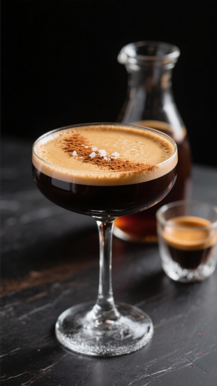Fall Cocktails That’ll Make Your Evenings Feel Extra Cozy A straight-on, dramatic close-up of a Pumpkin Spice Espresso Martini in a chilled coupe, glossy crema layer on top, ultra-fine microbubbles, rich mahogany-black tone from espresso and coffee liqueur; a whisper-thin cinnamon dusting in a crescent, tiny pinch of sea salt flakes visible, frosty stem catching the light; behind the glass, a small carafe of pumpkin spice syrup and a demitasse of freshly pulled espresso; high-contrast studio lighting for a sleek, modern cocktail bar look.