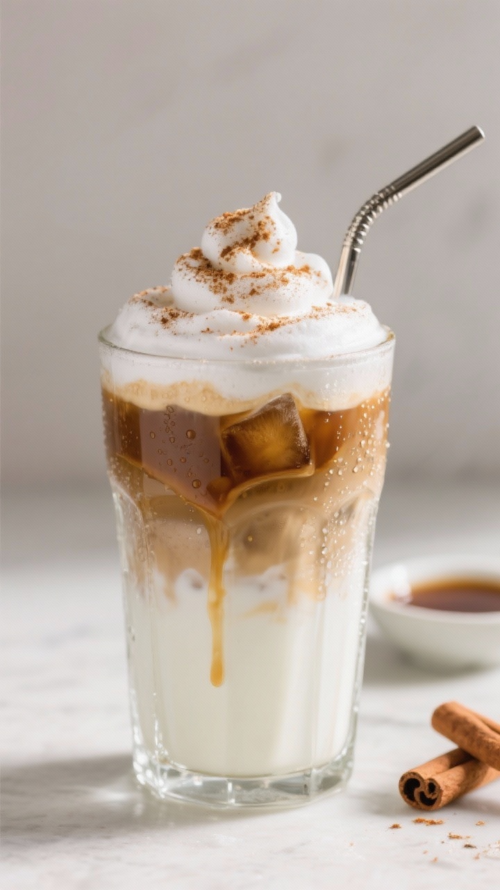A straight-on, final presentation of an Iced Gingerbread Latte with Cold Foam for festive sips: a tall clear glass packed with ice, layered with chilled milk and 2 shots (2 oz) of espresso tinted by gingerbread syrup, crowned with thick cold foam. Fine dusting of cinnamon and ginger on the foam, a subtle molasses drip down the inside of the glass for texture, metal straw, condensation beads visible. Cool, bright lighting with a neutral backdrop and a small dish of gingerbread syrup in frame.
