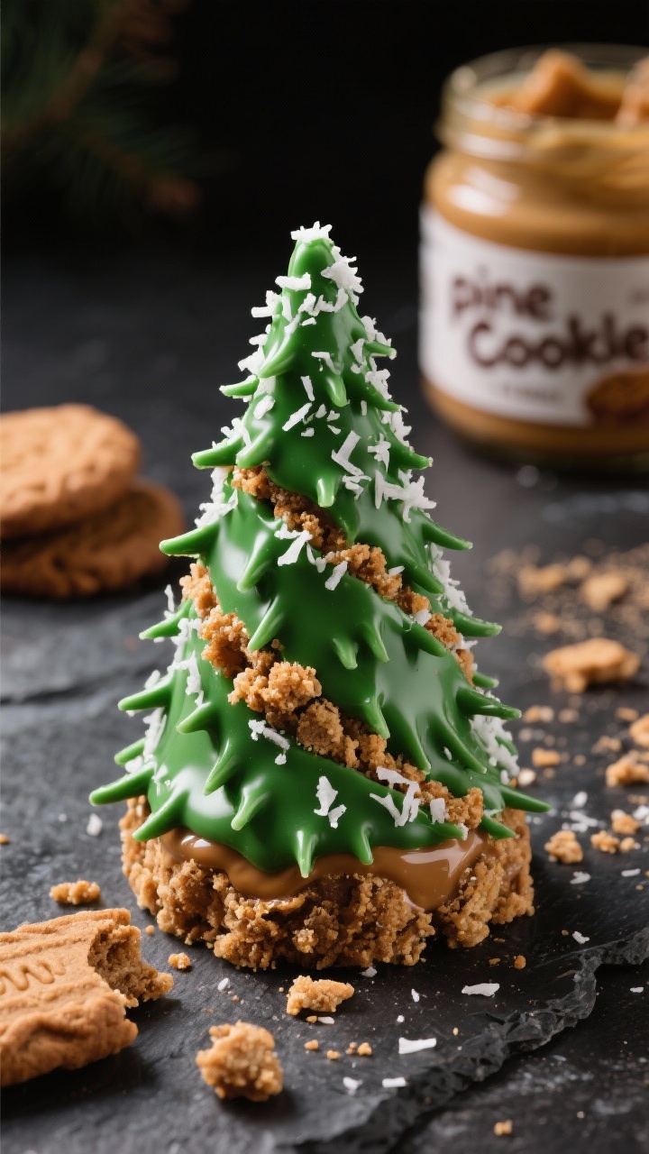 A straight-on macro shot of No-Bake Cookie Butter Trees with crunchy “pine needles”: cone-shaped trees made from crushed speculoos crumbs bound with cookie butter and a touch of milk, coated in glossy green candy melts, then rolled in finely pulsed shredded coconut for a short, spiky needle effect; a few broken speculoos cookies and a jar of cookie butter in the background, subtle crumbs on a dark stone surface, high contrast lighting to accent the crunchy texture and rich caramel-brown interior peeking at the base.