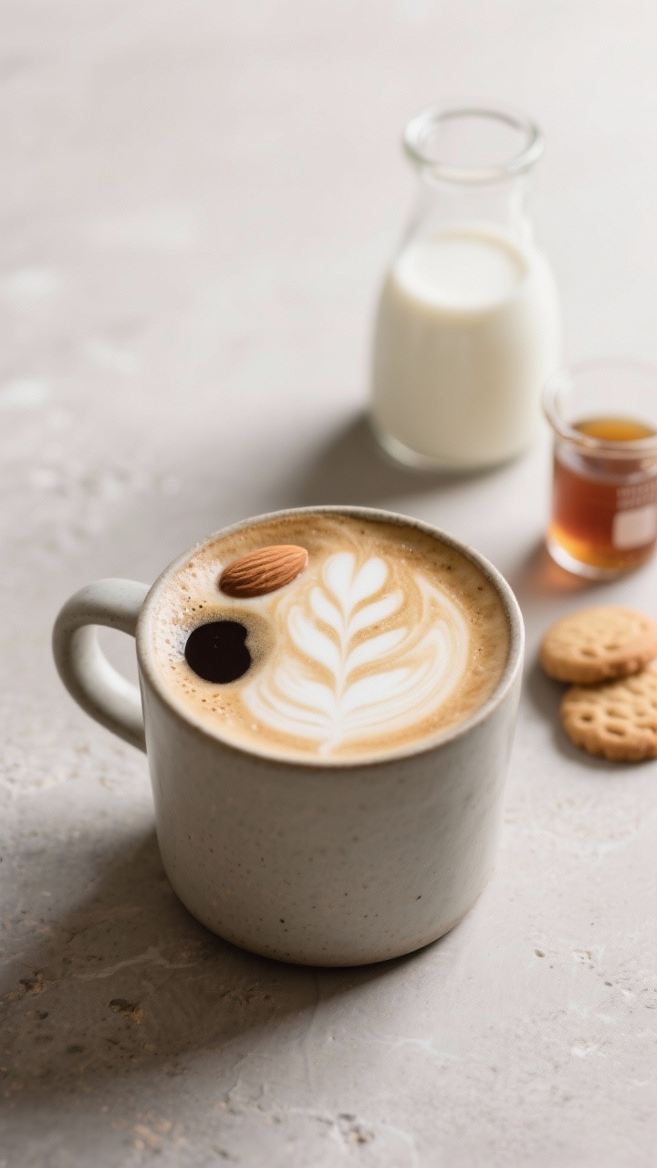 A straight-on minimalistic hero shot of a Dairy-Free Sugar Cookie Latte: barista oat milk steamed to a silky sheen poured over two shots of espresso, showcasing a velvety, plant-based microfoam and light latte art; almond milk option suggested via a small carafe in the background; 2 tablespoons of sugar-cookie syrup in a tiny glass beaker to the side; clean ceramic mug on matte stone, neutral tones emphasizing creaminess and dairy-free purity, no people, soft diffused side light.