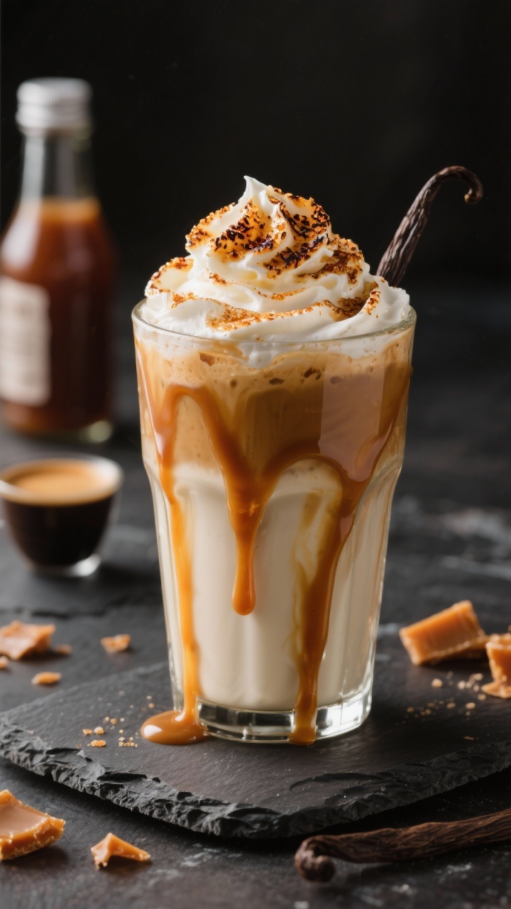 A straight-on plated presentation of a Caramel Brûlée Sleigh Ride frappuccino in a tall glass: chilled espresso blended with milk and caramel sauce for a glossy, cafe-luxe look. The top is brûléed-style with a thin, crackly caramelized sugar cap peeking around the edges of a swirl of whipped cream. Heavy caramel drizzle cascades down the inside of the glass; vanilla syrup bottle blurred in the background. Set on a dark stone surface with caramel shards and a small espresso cup for context. Rich, toasty tones with precise highlights on the caramel; no people.