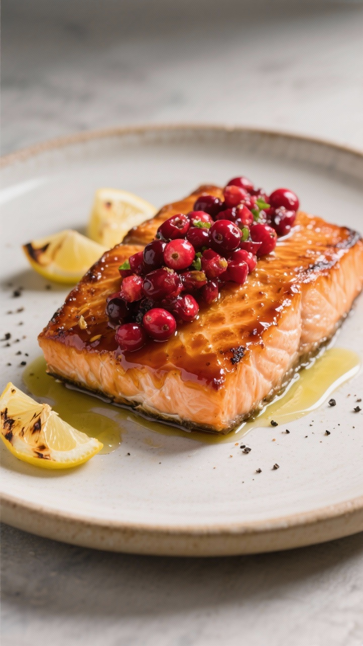 A straight-on plated presentation of a side of roast salmon, skin-on, lacquered with a sticky maple-soy glaze; the surface shows a deep amber sheen with light charring at the edges. A bright cranberry-ginger relish mounded along the top, ruby red with visible chopped cranberries and flecks of fresh ginger. Drizzle of olive oil, a sprinkle of black pepper, and a few charred lemon wedges on a neutral ceramic platter. Cool, airy lighting to emphasize the glaze and color contrast, no people.