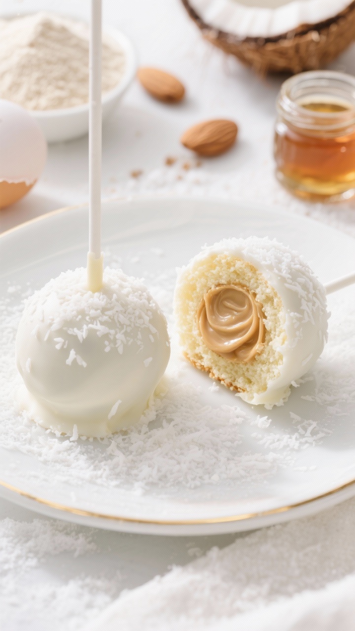 A straight-on plated presentation of classic vanilla “snowball” cake pops with a surprise maple cream frosting inside: matte white chocolate coating dusted with fine coconut “snow.” One pop is cut open to reveal the creamy maple filling. Place ingredients subtly in the background: almond flour, gluten-free 1:1 baking flour (with xanthan), coconut flour, baking powder, fine sea salt, eggs, and a small jar of maple syrup. Soft, bright winter light, white-on-white styling with minimal gold accents, focus on the fluffy crumb and glossy interior swirl.