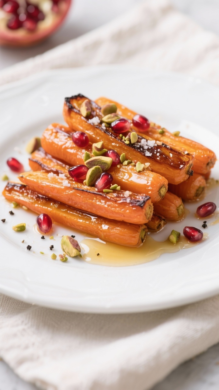 A straight-on plated presentation of maple-butter roasted carrots: slender, halved carrots with caramelized edges stacked on a white platter, glossy from melted butter, olive oil, and pure maple syrup; a light drizzle pooling slightly; flecks of kosher salt and cracked black pepper; a whisper of apple cider vinegar shine; sprinkled with jewel-like pomegranate arils and crushed pistachios for sparkle and crunch; clean, bright holiday vibe with a soft linen napkin in the background