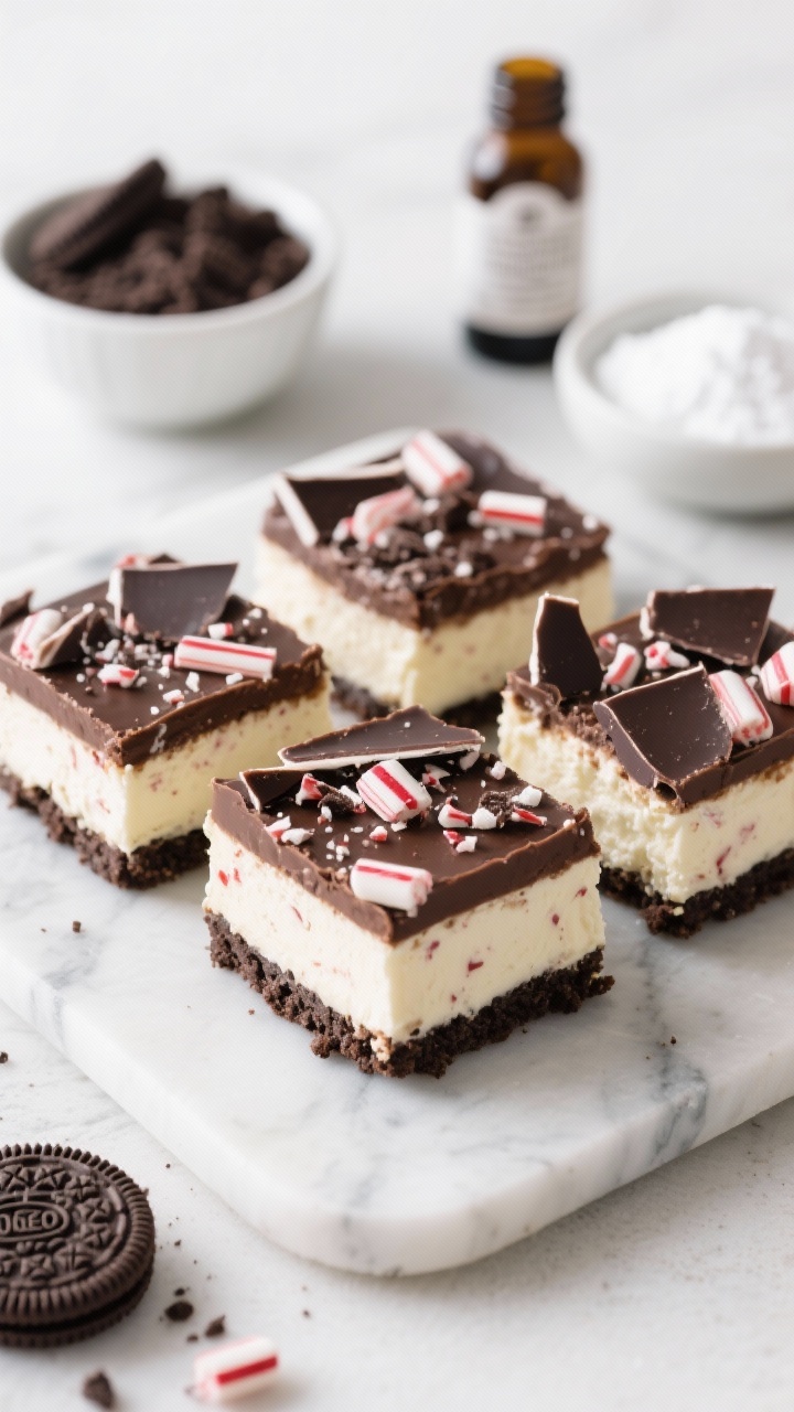 A straight-on plated presentation of no-bake peppermint bark cheesecake bars: neat square bars with a thick chocolate sandwich cookie crust and creamy vanilla cheesecake layer flecked with crushed peppermint, topped with shiny shards of dark-and-white peppermint bark. Visible texture contrast between crumbly Oreo crust and smooth filling. Set on a cool marble slab with a bowl of finely crushed cookies, a small dish of powdered sugar, and a bottle of vanilla extract in the background. Crisp, high-key lighting to emphasize the peppermint sparkle and clean edges.