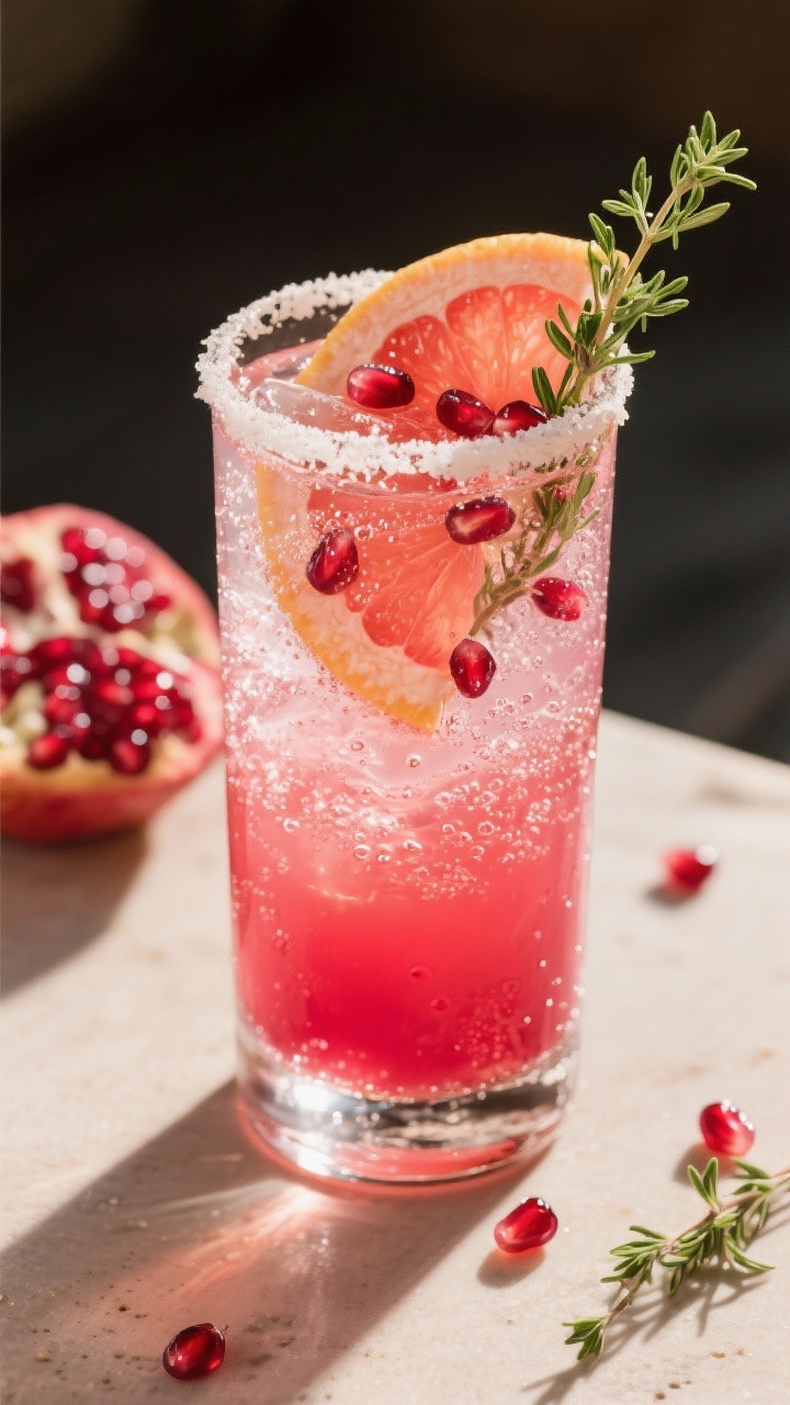 A vibrant 45-degree shot of a Pomegranate Thyme Paloma in a tall salted-rim glass, tequila blanco blended with grapefruit and pomegranate juices, topped with sparkling club soda; jeweled pomegranate arils float near the surface, a fresh thyme sprig and grapefruit wedge garnish; sunlit scene with bold pink-red hues and micro-bubbles sparkling.