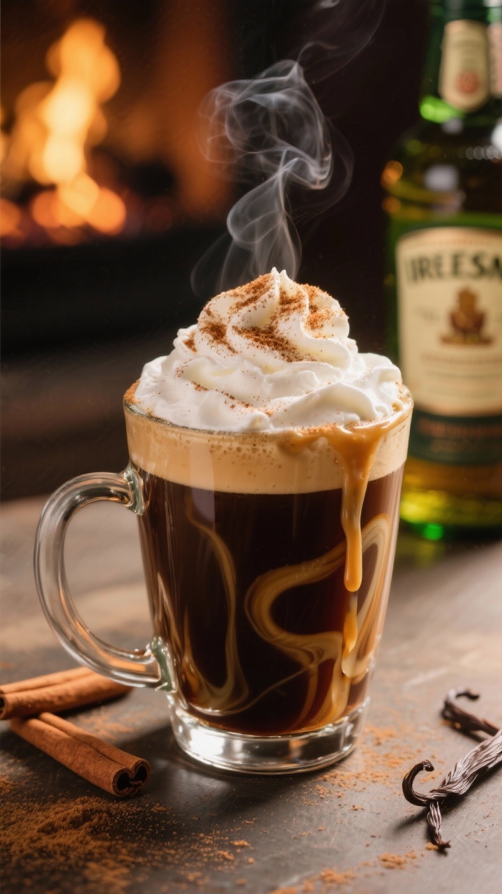 A warm 45-degree shot of Cinnamon Vanilla Irish Coffee in a glass mug: hot strong coffee swirled with vanilla syrup and a pinch of ground cinnamon, topped with a generous cloud of softly whipped cream, faint cinnamon dusting on top; Irish whiskey bottle out of focus, cozy fireside tones with gentle steam rising.