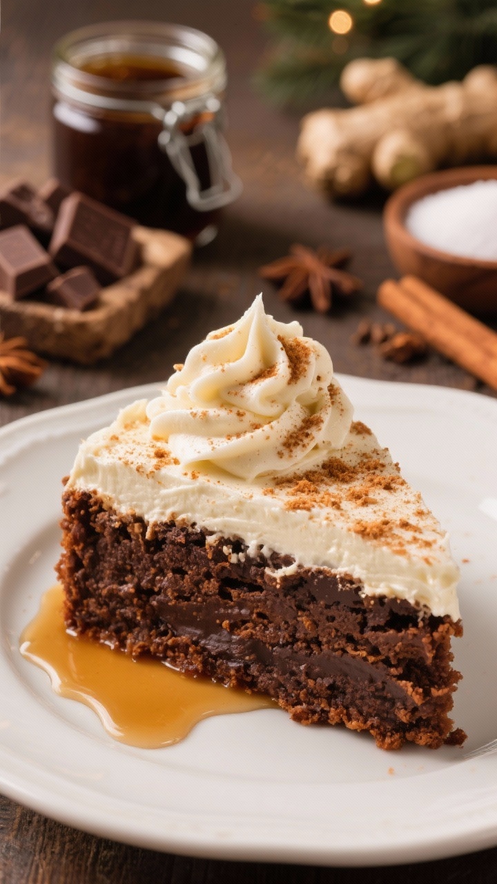 A warm, cozy straight-on plated presentation of a gingerbread-spiced brownie cake slice crowned with a generous swoop of maple cream cheese frosting, lightly dusted with ground ginger and cinnamon. The interior crumb looks dark and moist from molasses and dark brown sugar; a drizzle of maple syrup pools on the plate. In the softly blurred background: a jar of unsulfured molasses, semisweet chocolate chunks, granulated sugar, and whole spices (ginger, cinnamon, cloves). Tungsten holiday glow with rustic props to evoke gingerbread season, tack-sharp frosting detail.