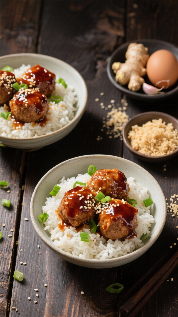 Action-y ingredients-to-finish montage, 45-degree angle: Sticky ginger-garlic chicken meatballs lacquered in glossy sauce nestled over sesame rice in shallow bowls; scattered finely sliced green onions, sesame seeds sprinkled; a small dish of grated fresh ginger, minced garlic, panko crumbs, and a cracked egg nearby hinting at prep; rich mahogany glaze catching light, bowls arranged on a dark wood table for contrast.