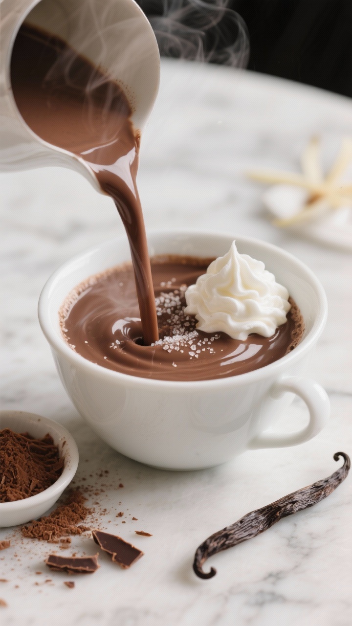 An elegant 45-degree close-up of Parisian Silk Hot Chocolate being poured into a small white porcelain cup, showing ultra-glossy, thick texture from whole milk, heavy cream, and finely chopped bittersweet chocolate (60–70%). Include a dusting of sifted Dutch-process cocoa and a delicate “vanilla whipped cloud” piped in soft peaks on top; fine sugar crystals subtly visible on the rim. Style on a marble countertop with a small bowl of cocoa powder, chocolate shavings, and a vanilla bean pod in the background; shallow depth of field, soft morning light, steam rising.