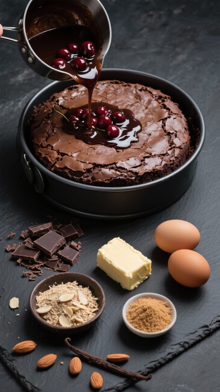An elegant overhead ingredient-to-assembly shot for a flourless almond brownie cake with cherry glaze: a round, crackly-topped flourless chocolate-almond cake cooling in its pan, a saucepan of glossy cherry glaze ready to pour, and mise en place around it—finely chopped dark chocolate, sticks of unsalted butter, granulated and light brown sugar, room-temperature eggs, vanilla, and a small dish of almond meal or sliced almonds as garnish. Rich, minimalist styling on dark slate to highlight gluten-free sophistication, no hands, high contrast to showcase textures.