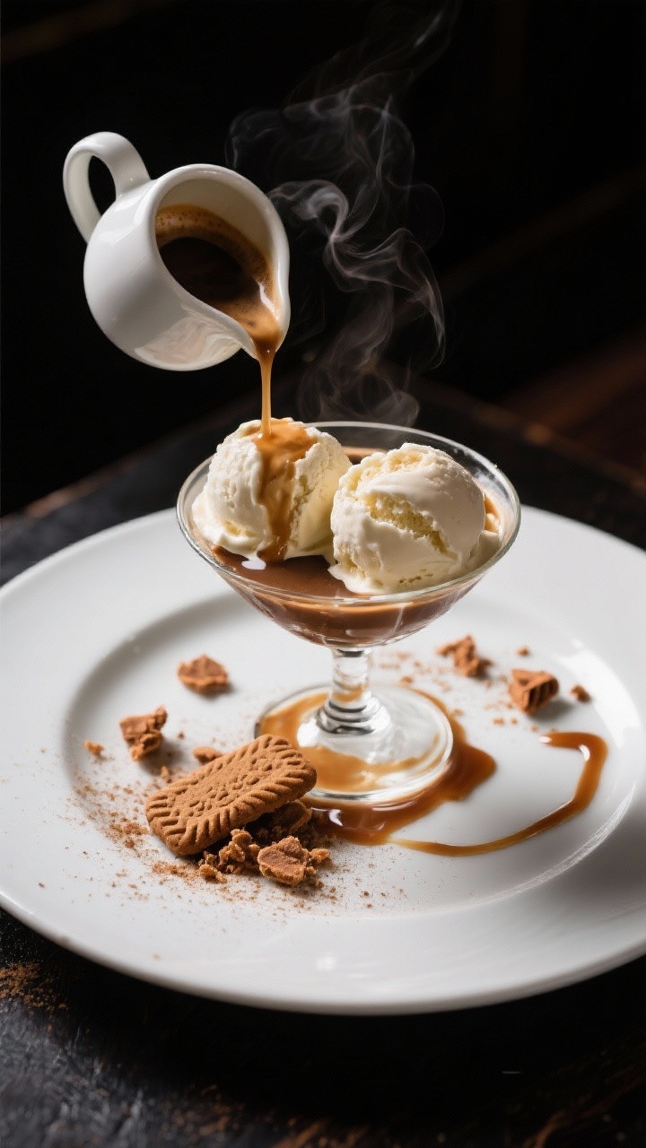 An elegant overhead plated dessert scene of a Decadent Gingerbread Latte Affogato for dessert people: two scoops of vanilla ice cream in a chilled coupe glass, with a small pitcher of hot gingerbread latte (espresso plus spiced syrup) being ready to pour, visible crema and steam. Crumbled gingerbread cookie bits, a light molasses drizzle, and a dusting of cinnamon around the plate. High-contrast, moody lighting to accent the melting ice cream edges and glossy coffee sheen, no people, just a refined dessert moment.