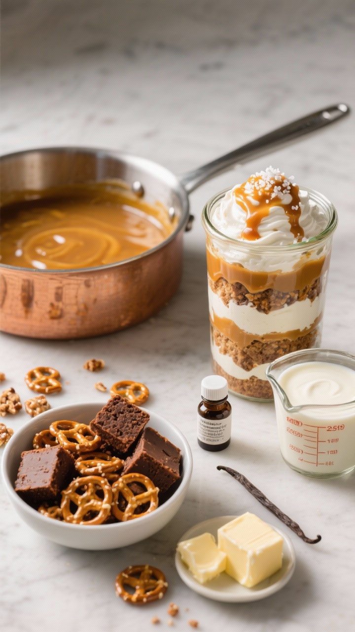 An ingredient-and-process scene at 45 degrees showing salted caramel pretzel crunch components for the trifle: a saucepan mid-cook with golden caramel (sugar, water) just off the heat, cubes of chocolate loaf cake ready in a bowl, a dish of flaky pretzel pieces, pats of unsalted butter and a vial of vanilla extract beside a measuring cup of heavy cream for finishing the caramel. A finished trifle jar in the background layered with cake, silky caramel, whipped cream, and pretzel crunch, a light sprinkle of sea salt on top. Warm, amber highlights emphasize the caramel’s gloss; clean, modern styling.