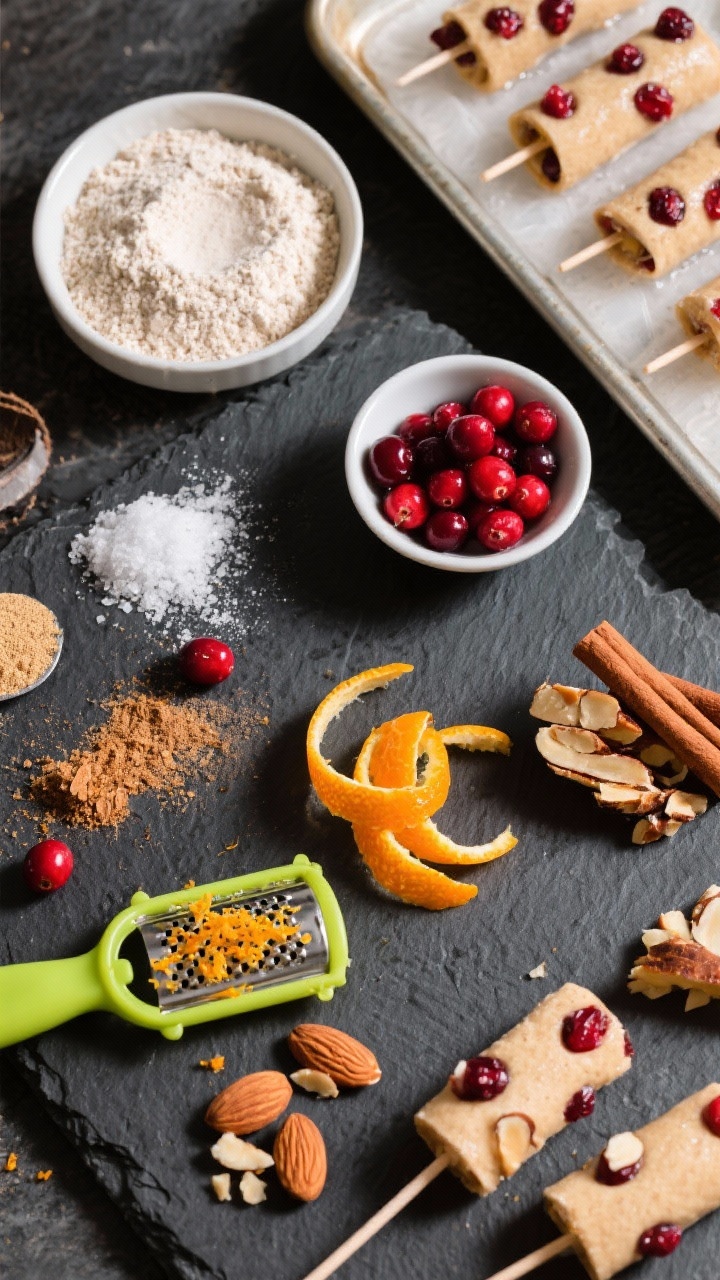 An ingredients flat lay for spiced orange cranberry pops on a dark slate board: almond flour, gluten-free oat flour, coconut flour, baking powder, baking soda, fine sea salt, ground cinnamon, bright orange zest curls, fresh or dried cranberries, and chopped toasted almonds for crunch. Include a zester with fresh zest, a small bowl of cranberries, and a sheet pan with rolled pop centers studded with cranberries and almonds ready to chill. Clean, natural light from the side, vibrant reds and oranges against the slate, crisp textures emphasized.
