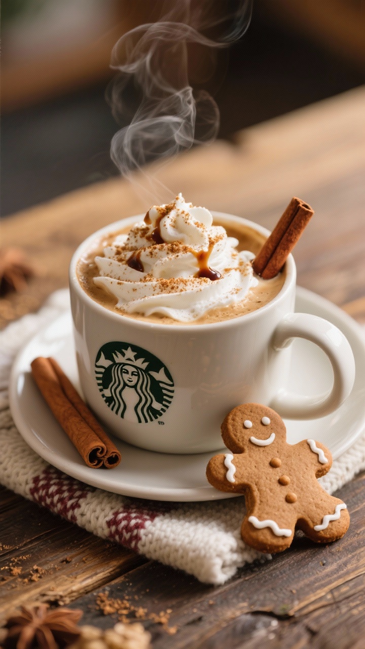 An inviting 45-degree plated shot of a Classic Cozy Gingerbread Latte that nails the Starbucks vibe: a 12 oz ceramic mug filled with freshly brewed espresso (2 shots, 2 oz) and steamed milk, topped with plush microfoam, a generous swirl of whipped cream, and a dusting of ground ginger, cinnamon, and nutmeg. Drizzle of molasses on top, a small gingerbread cookie leaning on the rim, and a cinnamon stick garnish. Warm holiday tones, soft morning light, cozy knit napkin, set on a rustic wooden table with faint steam rising.