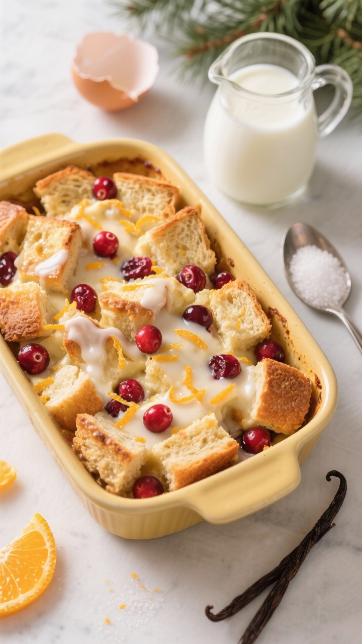 An inviting overhead shot of cranberry orange bread pudding with vanilla glaze: a golden, puffed casserole dish filled with custardy cubes of day-old bread, studded with ruby cranberries and speckled orange zest, drizzled with glossy vanilla glaze. Nearby: a small jug of milk and heavy cream, cracked eggshells, a spoon with granulated sugar, and a vanilla bean to signal ingredients. Bright, cozy holiday vibe with a subtle orange peel twist on the rim of the pan. Soft natural light to showcase luscious custard texture and tart cranberry pops.