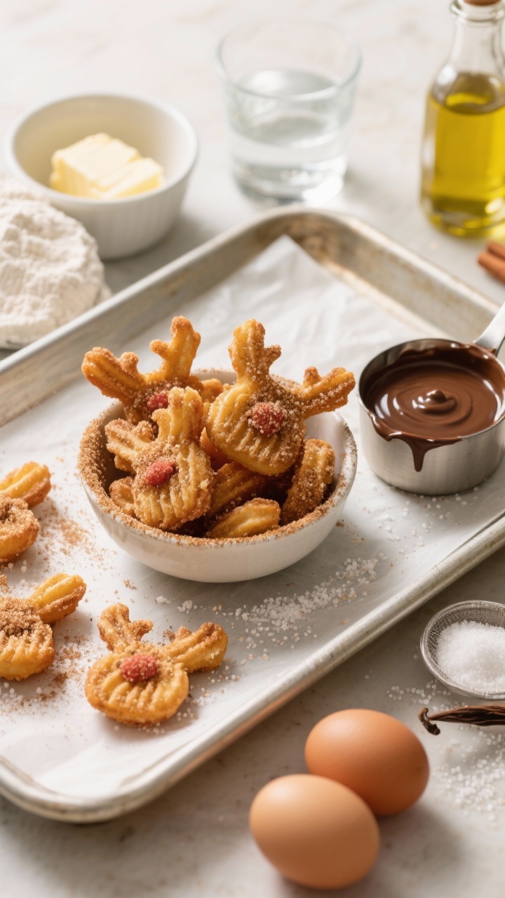 An overhead action shot of Cinnamon-Sugar Reindeer Churro Bites fresh from frying: bite-size churros tossed in a bowl of sparkling cinnamon-sugar, golden and ridged, with a small pot of glossy dipping chocolate to the side; include mise en place around the frame—cup of water, unsalted butter, granulated sugar, kosher salt, all-purpose flour, two eggs, vanilla extract, and a small bottle of neutral oil; capture a few churros on a parchment-lined tray with stray sugar crystals for texture, bright yet warm lighting to emphasize the crisp exterior.
