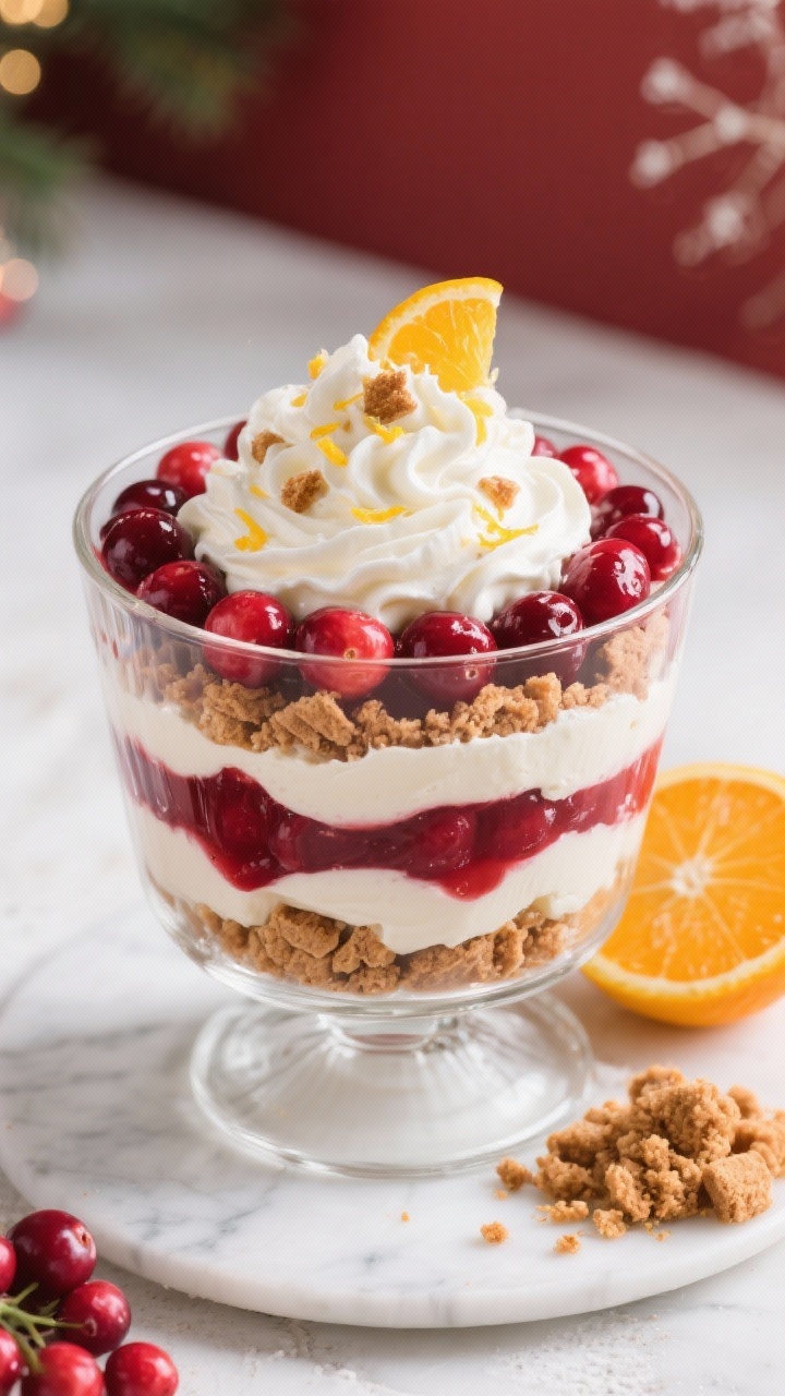An overhead dessert scene of a cranberry-orange trifle assembled in a clear glass trifle bowl: vivid layers of cranberry compote made from fresh cranberries, granulated sugar, orange juice, and orange zest; billowy swirls of cold whipped heavy cream and mascarpone with a hint of vanilla; gingerbread crumble scattered between layers and on top for texture; a zested orange and a small pile of crumble on the side; bright, festive tones with clean highlights to showcase the contrasting reds, creams, and warm brown crumbs