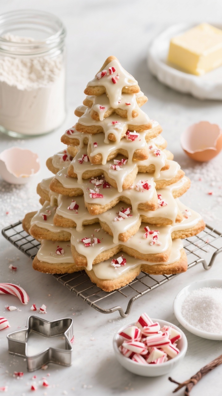 An overhead festive cookie styling of Peppermint Bark Sugar Cookie Trees with vanilla glaze: stacked tree-shaped sugar cookies in graduated sizes forming 3D trees, drizzled with shiny vanilla glaze and sprinkled with crushed peppermint bark; include raw ingredients in the margins—flour, baking powder, kosher salt, softened butter, granulated sugar, one cracked egg, vanilla, plus a small dish of peppermint bark shards; place cookie cutters and a cooling rack nearby, soft daylight to highlight glaze sheen and peppermint sparkle.