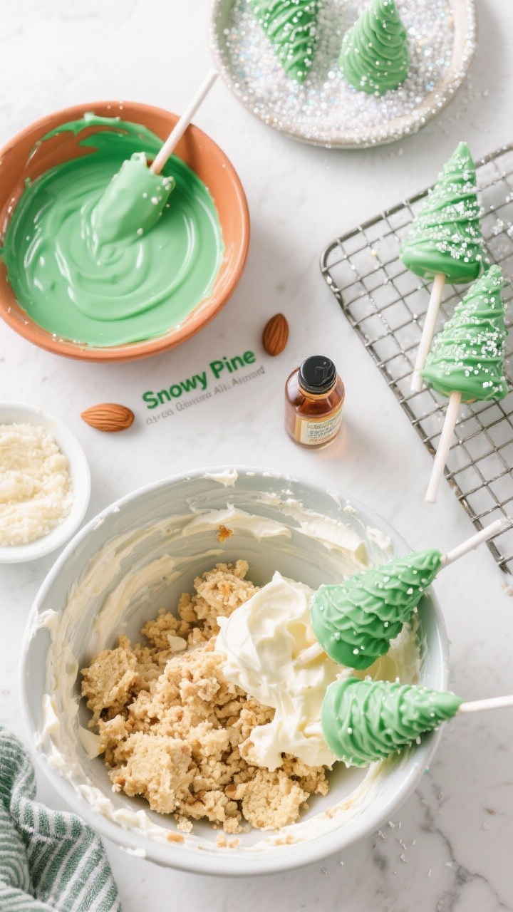 An overhead flat-lay ingredient-and-prep scene for Gluten-Free Almond “Snowy Pine” Pops: a mixing bowl of crumbled gluten-free vanilla/almond cake mixed with cream cheese frosting and a hint of almond extract, neatly shaped green tree cones ready for dipping; a warm dish of melted green candy melts alongside a tray sprinkled with coarse sparkle sugar for frosty shine; clean props labeled gluten-free, with a small bottle of almond extract, and a cooling rack prepared for setting; crisp, bright light emphasizing the crystalline sugar and smooth candy coating.